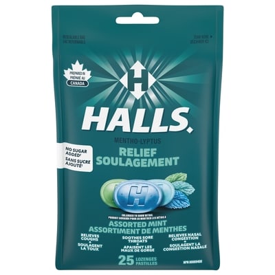 Halls Mentho-Lyptus Saveur de menthes assorties sans sucre ajouté, sac de 25 pastilles 25 ea, 0,20 $/1ch