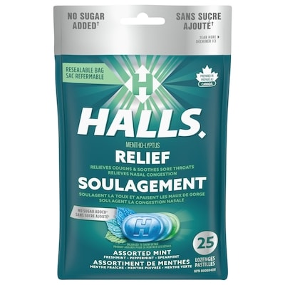 Halls Mentho-Lyptus Saveur de menthes assorties sans sucre ajouté, sac de 25 pastilles 25 ea, 0,20 $/1ch