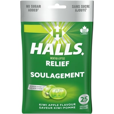 Halls Kiwi Apple Flavour Cough Drops, No Sugar Added, Throat Lozenges, Sore Throat Relief, Mentho-Lyptus 25 ea, $0.16/1ea