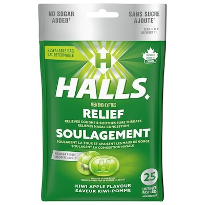 Halls saveur Kiwi-pomme, sans sucre ajouté, 25 pastilles 25 ea, 0,16 $/1ch