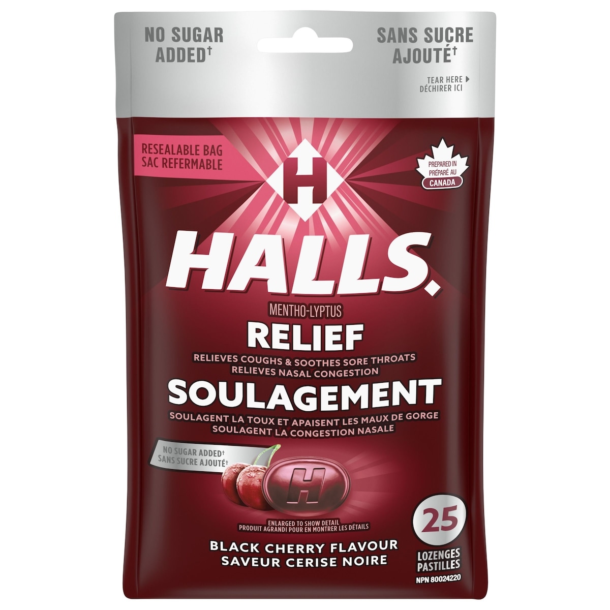 Halls Mentho-Lyptus Cerise noire sans sucre ajouté, sac de 25 pastilles 25 ea, 0,16 $/1ch