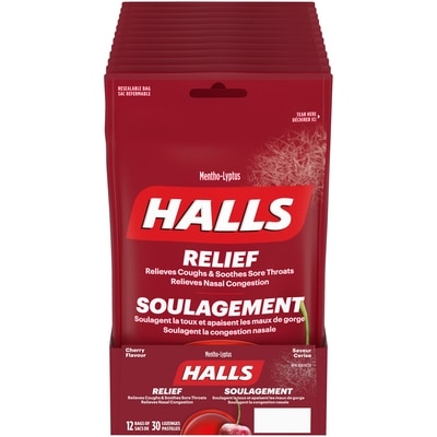 Halls à saveur de cerise, soulagement du mal de gorge, mentho-lyptus, 30 pastilles (emballage de 12) 12x30.0 ea, 0,11 $/1ch