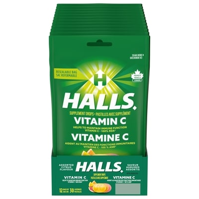 Halls Vitamine C Agrumes assortis, sac de 30 pastilles, aident à maintenir la fonction immunitaire (emballage de 12) 12x30.0 ea, 0,11 $/1ch