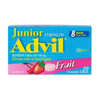 Advil Comprimés d’ibuprofène Junior, saveur de fruits, USP 100 mg, 20 comprimés à croquer 20 ea, 0,60 $/1ch