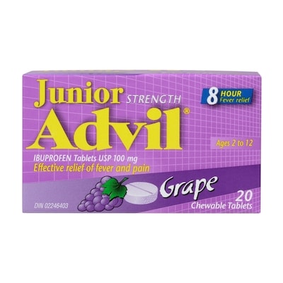 Advil Comprimés d’ibuprofène Junior, saveur de raisin, USP 100 mg, 20 comprimés à croquer 20 ea, 0,60 $/1ch