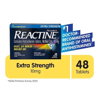 Réactine Extra fort Allergies, comprimés à 10 mg de chlorhydrate de cétirizine 48 ea, 0,90 $/1ch