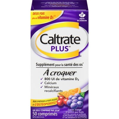 Caltrate Comprimés à saveurs de cerise et orange ou punch aux fruits Caltrate Plus 50 ea, 0,33 $/1ch