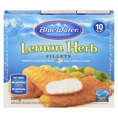 BlueWater Seafoods Lemon Herb Fish, Wild Caught Pollock, Frozen, 10 Count 500 g, $1.80/100g