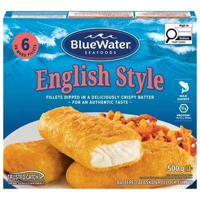 BlueWater Seafoods English Style Fillets 500 g, $2.00/100g