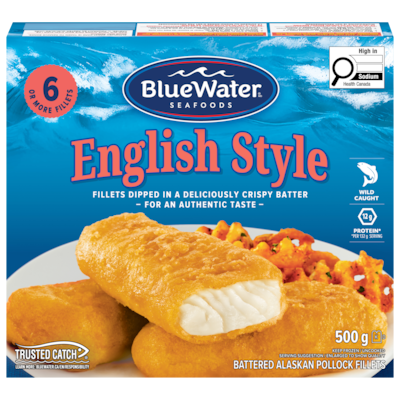 BlueWater Seafoods English Style Fillets 500 g, $2.00/100g