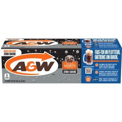 A&W Zéro sucre Root Beer Fameuse 12 Canettes 12x355.0 ml, 0,21 $/100ml