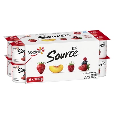 Yoplait Source 0% Smooth Traditional Yogurt Cups Variety Pack, No Added Sugar - Strawberry, Peach, Raspberry, Fieldberry 16x100.0 g, $0.61/100g