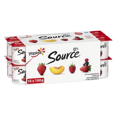Yoplait Source 0% Smooth Traditional Yogurt Cups Variety Pack, No Added Sugar - Strawberry, Peach, Raspberry, Fieldberry 16x100.0 g, $0.56/100g