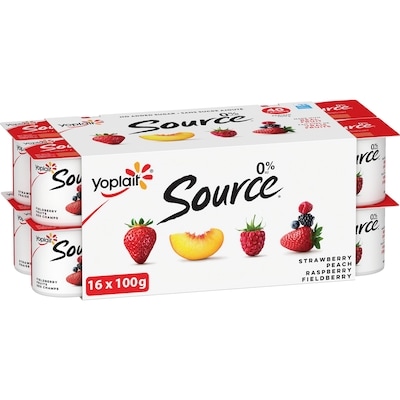 Yoplait Source 0% Smooth Traditional Yogurt Cups Variety Pack, No Added Sugar - Strawberry, Peach, Raspberry, Fieldberry 16x100.0 g, $0.49/100g