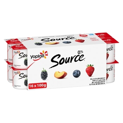 Yoplait Source 0% Smooth Traditional Yogurt Cups Variety Pack, No Added Sugar, Blackberry, Nectarine, Blueberry, Strawberry Flavours 16x100.0 g, $0.52/100g