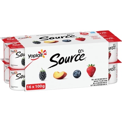 Yoplait Source 0% Smooth Traditional Yogurt Cups Variety Pack, No Added Sugar, Blackberry, Nectarine, Blueberry, Strawberry Flavours 16x100.0 g, $0.41/100g