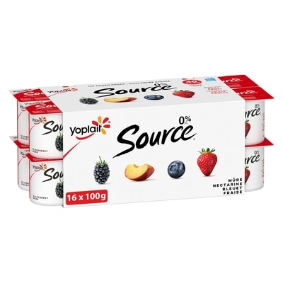 Yoplait Yogourt traditionnel onctueux Source 0 %, saveurs variées, sans sucre ajouté, mûre, nectarine, myrtille, fraise saveurs 16x100.0 g, 0,62 $/100g