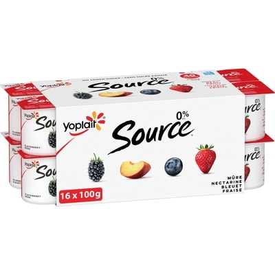 Yoplait Yogourt traditionnel onctueux Source 0 %, saveurs variées, sans sucre ajouté, mûre, nectarine, myrtille, fraise saveurs 16x100.0 g, 0,59 $/100g