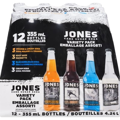 Jones Soda Co. Soda artisanal au sucre de canne aux saveurs variées, paquet de 12 12x355.0 ml, 0,40 $/100ml