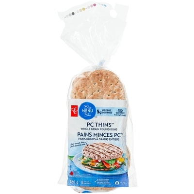 PC Blue Menu White Whole Grain Thin Buns 8x60.0 g, $1.00/100g