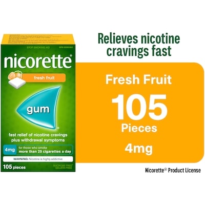 Nicorette Gum, Nicotine 4mg, Fresh Fruit 105 ea, $0.39/1ea