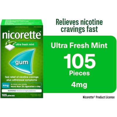 Nicorette Nicotine Gum, 4 mg, Ultra Fresh Mint 105 ea, $0.39/1ea