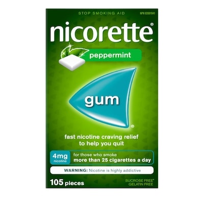 Nicorette Gomme de nicotine, Aide pour cesser de fumer, Menthe Poivrée, 4mg 105 ea, 0,42 $/1ch