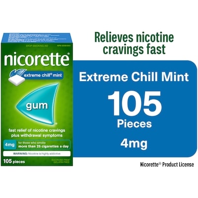 Nicorette Nicotine Gum, 4 mg, Extreme Chill Mint 105 ea, $0.39/1ea