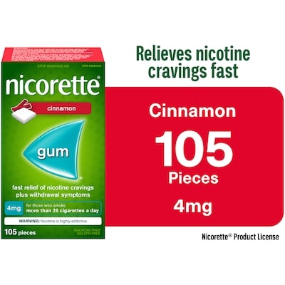 Nicorette Nicotine Gum, 4 mg, Cinnamon 105 ea, $0.39/1ea