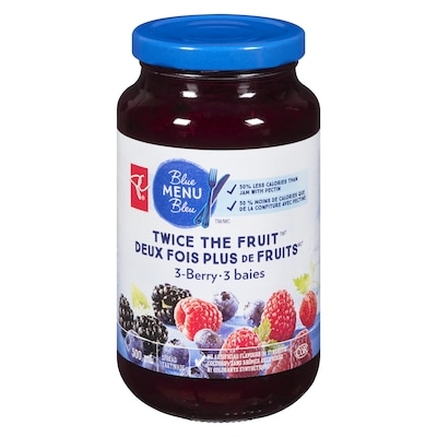 PC Menu Bleu Tartinade Deux fois plus de fruits, 3 baies 500 ml, 1,50 $/100ml