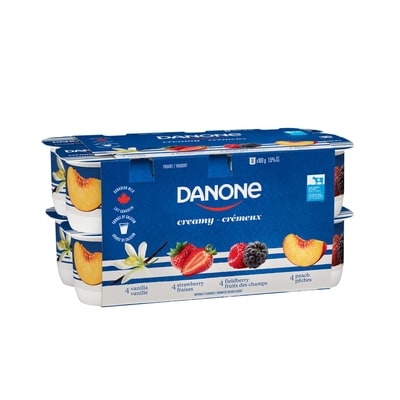Danone Yogourt crémeux, saveur fraise, vanille, baies, peches 16x100.0 g, 0,53 $/100g