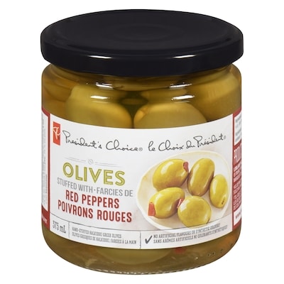President's Choice Olives Stuffed With Red Peppers 375 ml, $2.26/100ml