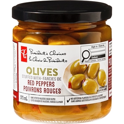 le Choix du Président Olives farcies de poivrons rouges 375 ml, 1,73 $/100ml