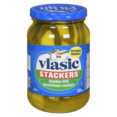 Vlasic Stackers Kosher Dill Pickles    500 ml, $1.20/100ml