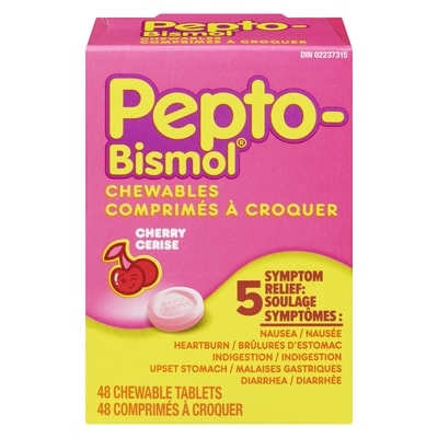 Pepto Bismol Soulagement de 5 symptômes à croquer cerise 48 ea, 0,42 $/1ch