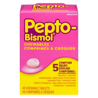 Pepto Bismol Soulagement de 5 symptômes, à croquer 48 ea, 0,42 $/1ch