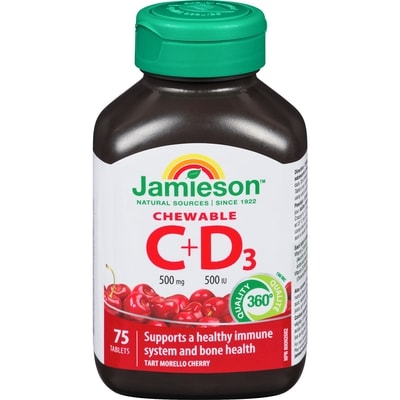 Jamieson Chewable Vitamin C + D 500 IU Morello Cherry Tablets 75 ea, $0.13/1ea