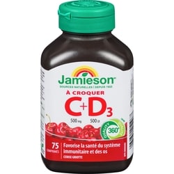 Jamieson Vitamines C 500 mg + D 500 UI à croquer - Cerise Morello 75 ea, 0,13 $/1ch