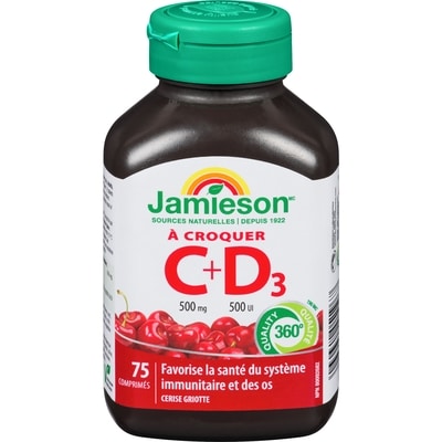Jamieson Vitamines C 500 mg + D 500 UI à croquer - Cerise Morello 75 ea, 0,07 $/1ch