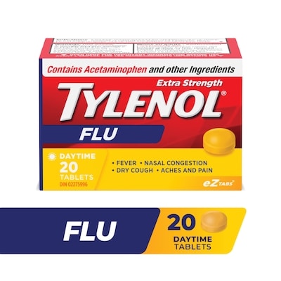 Tylenol Extra fort, Grippe, Jour, acétaminophène 20 ea, 0,50 $/1ch
