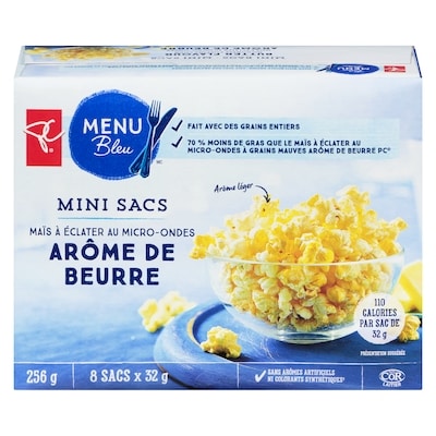 PC Menu Bleu Maïs à éclater au micro-ondes, arôme de beurre, mini sacs 8x32.0 g, 1,68 $/100g