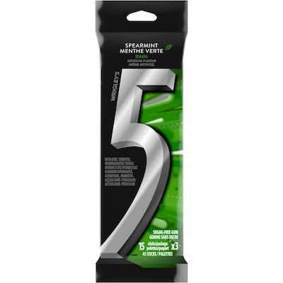 Wrigley's 5 Spearmint-Rain Flavoured Sugar Free Chewing Gum, 15 Sticks, 3 Packs 3 ea, $2.16/1ea
