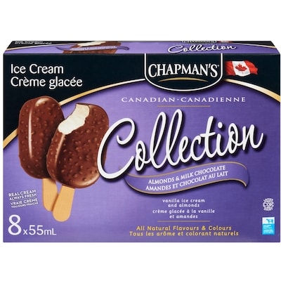 Chapman’s Collection canadienne Barre de crème glacée aux amandes et chocolat au lait 8x55.0 ml, 1,48 $/100ml