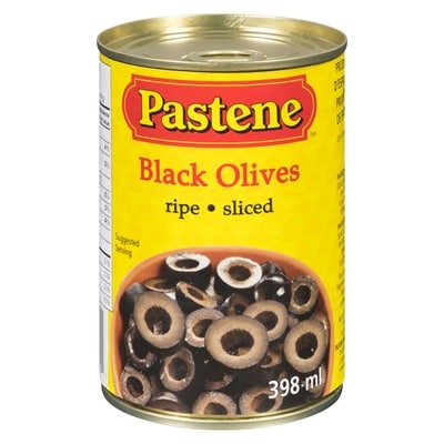 Pastene Sliced Black Olives     398 ml, $0.95/100ml