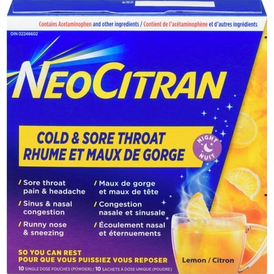 NeoCitran Cold & Sore Throat Night Lemon  10 ea, $1.55/1ea