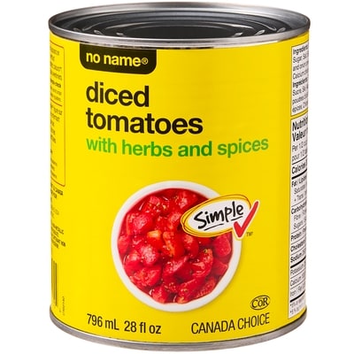 No Name Diced Tomatoes with Herbs and Spices  796 ml, $0.22/100ml