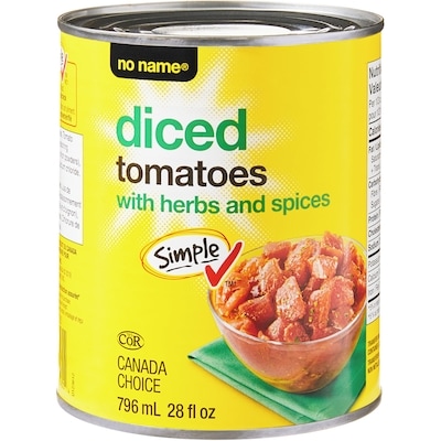 No Name Diced Tomatoes with Herbs and Spices  796 ml, $0.22/100ml