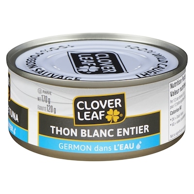 Clover Leaf Thon germon blanc entier dans l’eau 170 g, 2,52 $/100g