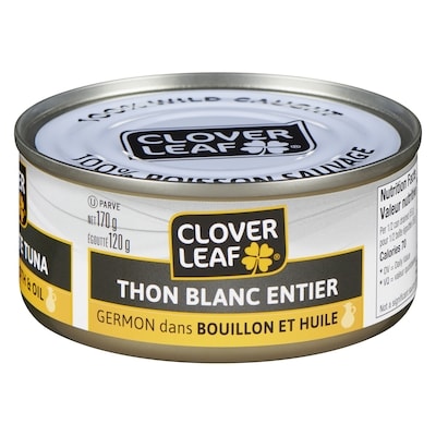 Clover Leaf Thon germon blanc entier dans le bouillon et l’huile 170 g, 2,06 $/100g