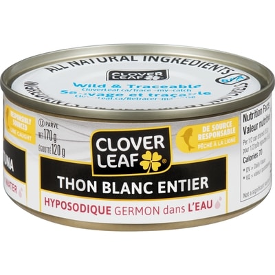 Clover Leaf Thon germon blanc entier faible en sel dans l’eau 170 g, 2,46 $/100g